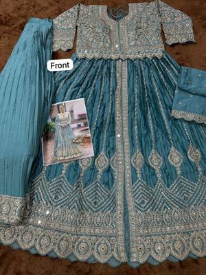 Blue chinon silk free size anarkali suit with embroiderd & sequin work 3