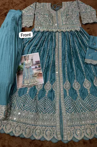 Blue chinon silk free size anarkali suit with embroiderd & sequin work