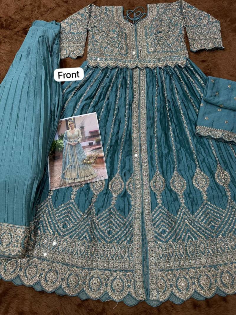 Blue chinon silk free size stitched anarkali suit with embroiderd & sequence work