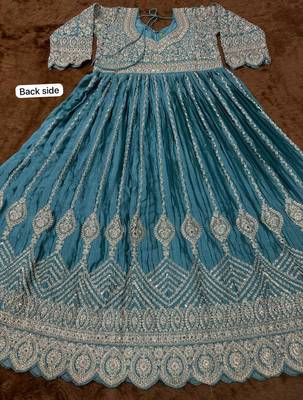Blue chinon silk free size anarkali suit with embroiderd & sequin work 4