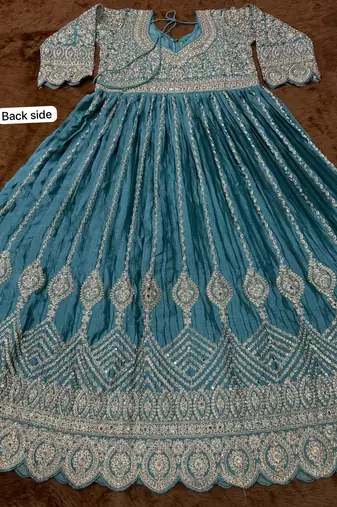 Blue chinon silk free size anarkali suit with embroiderd & sequin work