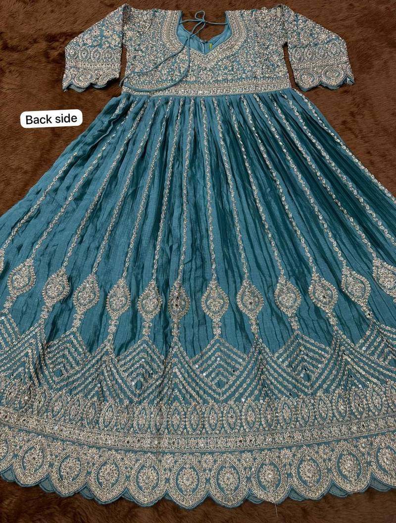 Blue chinon silk free size stitched anarkali suit with embroiderd & sequence work