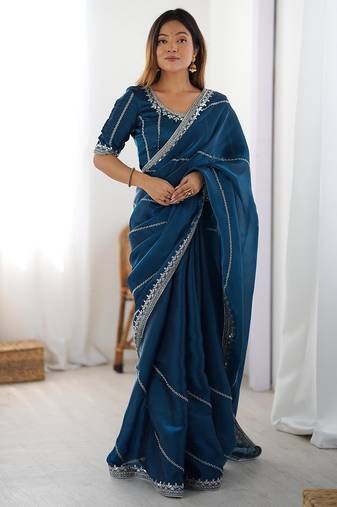 teal blue color art silk blend thread sequince embroidered work saree with blouse