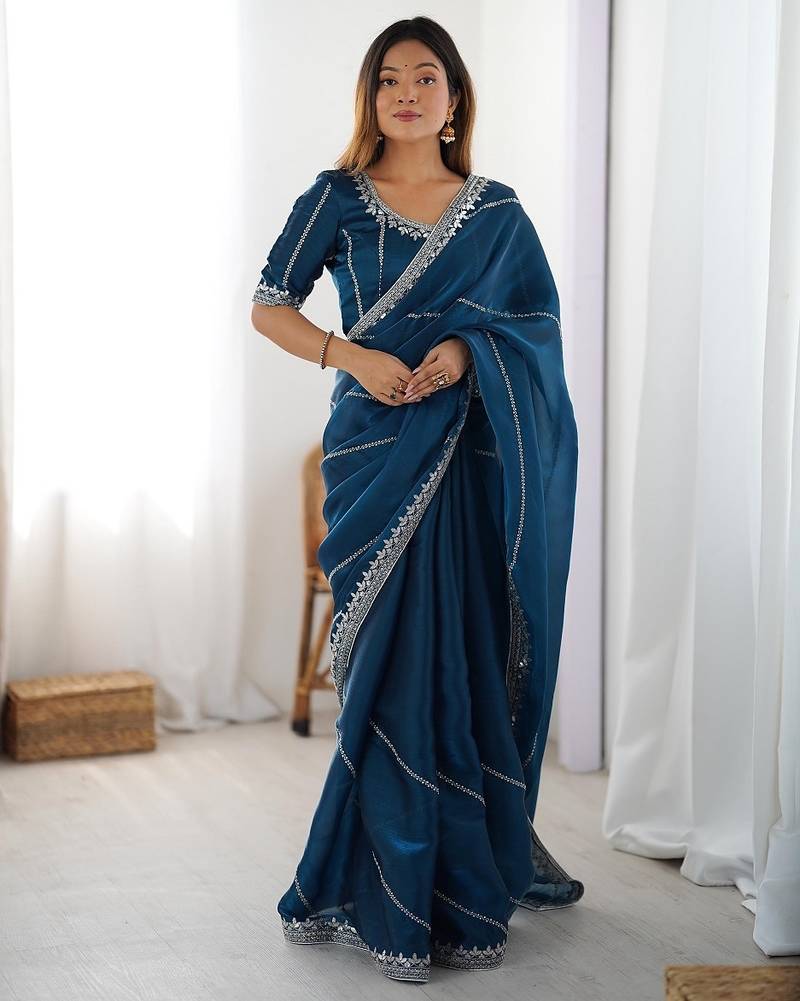 teal blue color art silk blend thread sequince embroidered work saree with blouse