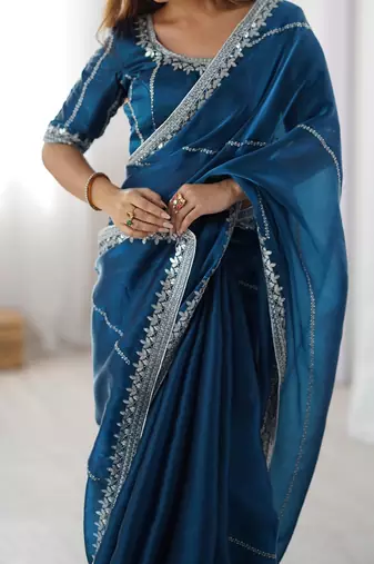 teal blue art silk blend thread sequince embroidered work saree with blouse