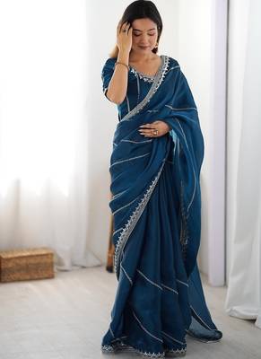 teal blue art silk blend thread sequince embroidered work saree with blouse 3