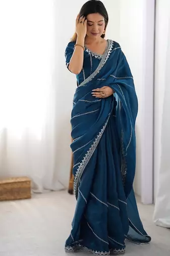 teal blue art silk blend thread sequince embroidered work saree with blouse