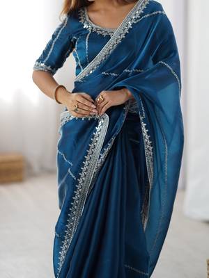 teal blue art silk blend thread sequince embroidered work saree with blouse 4