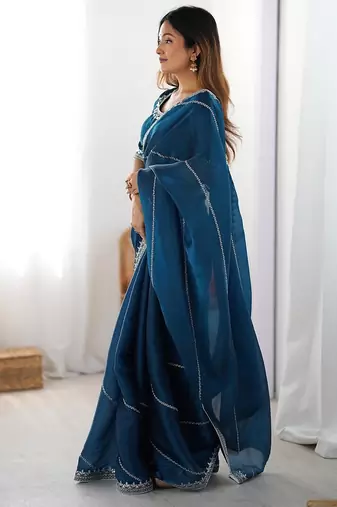 teal blue art silk blend thread sequince embroidered work saree with blouse