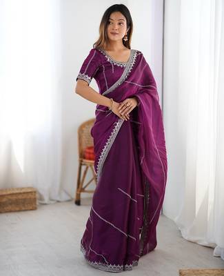 wine color art silk blend thread sequince embroidered work saree with blouse 1