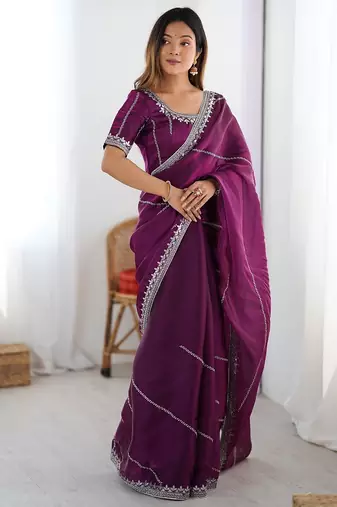 wine color art silk blend thread sequince embroidered work saree with blouse