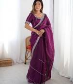 wine color art silk blend thread sequince embroidered work saree with blouse