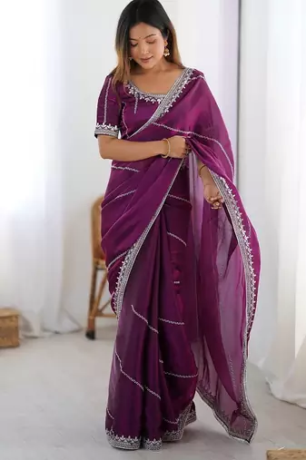 wine color art silk blend thread sequince embroidered work saree with blouse