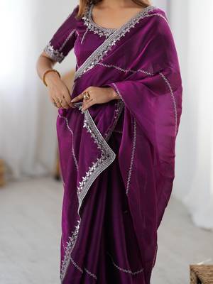 wine color art silk blend thread sequince embroidered work saree with blouse 4