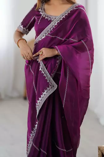 wine color art silk blend thread sequince embroidered work saree with blouse