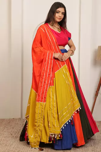 MULTI COLOR SOLID SILK BLAND FLAIR PARTY LEHENGA CHOLI WITH DUPATTA.
