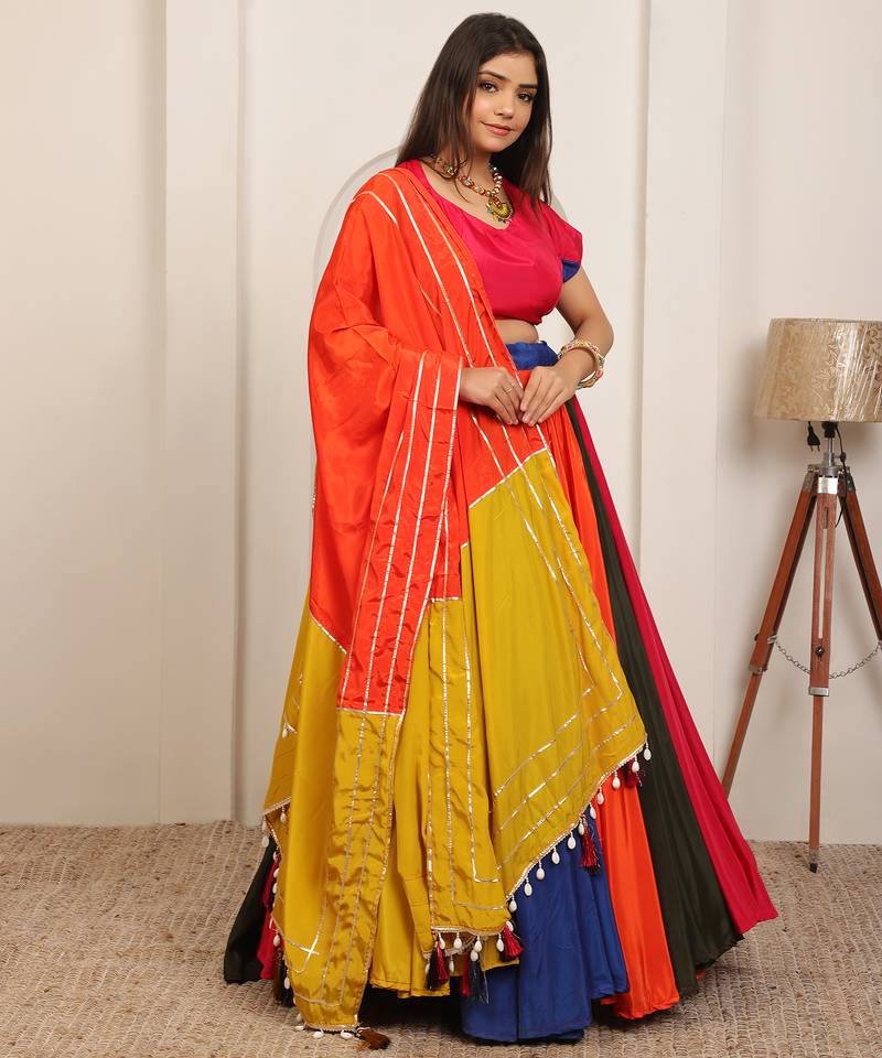 MULTI COLOR SOLID SILK BLAND FLAIR PARTY LEHENGA CHOLI WITH DUPATTA.