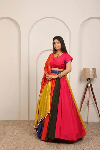 MULTI COLOR SOLID SILK BLAND FLAIR PARTY LEHENGA CHOLI WITH DUPATTA.