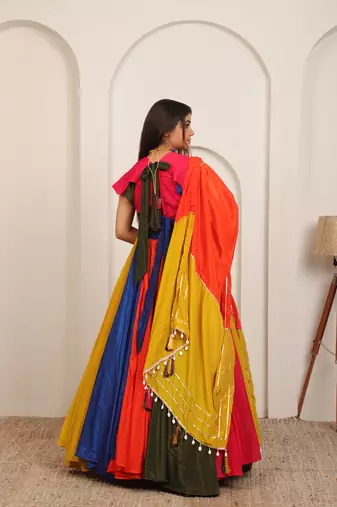 MULTI COLOR SOLID SILK BLAND FLAIR PARTY LEHENGA CHOLI WITH DUPATTA.