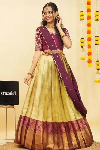 Beautiful South Indian Style Semi-Stitched Half Saree with Embroidered Blouse and Rangoli Dupatta for Women