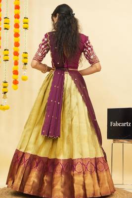 Beautiful South Indian Style Semi-Stitched Half Saree with Embroidered Blouse and Rangoli Dupatta for Women 4