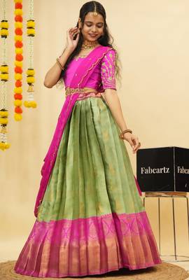 Beautiful South Indian Style Semi-Stitched Half Saree with Embroidered Blouse and Rangoli Dupatta for Women 1