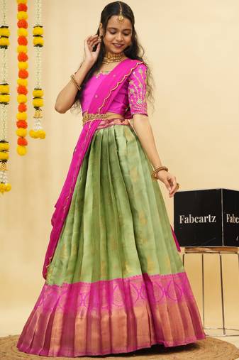 Beautiful South Indian Style Semi-Stitched Half Saree with Embroidered Blouse and Rangoli Dupatta for Women