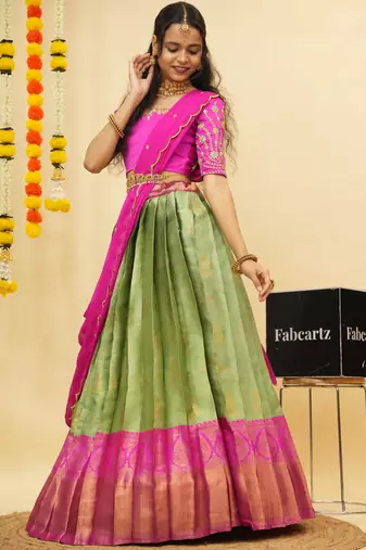Beautiful South Indian Style Semi-Stitched Half Saree with Embroidered Blouse and Rangoli Dupatta for Women