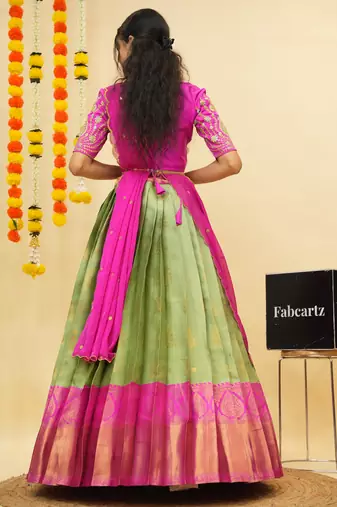 Beautiful South Indian Style Semi-Stitched Half Saree with Embroidered Blouse and Rangoli Dupatta for Women