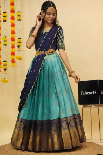 Beautiful South Indian Style Semi-Stitched Half Saree with Embroidered Blouse and Rangoli Dupatta for Women