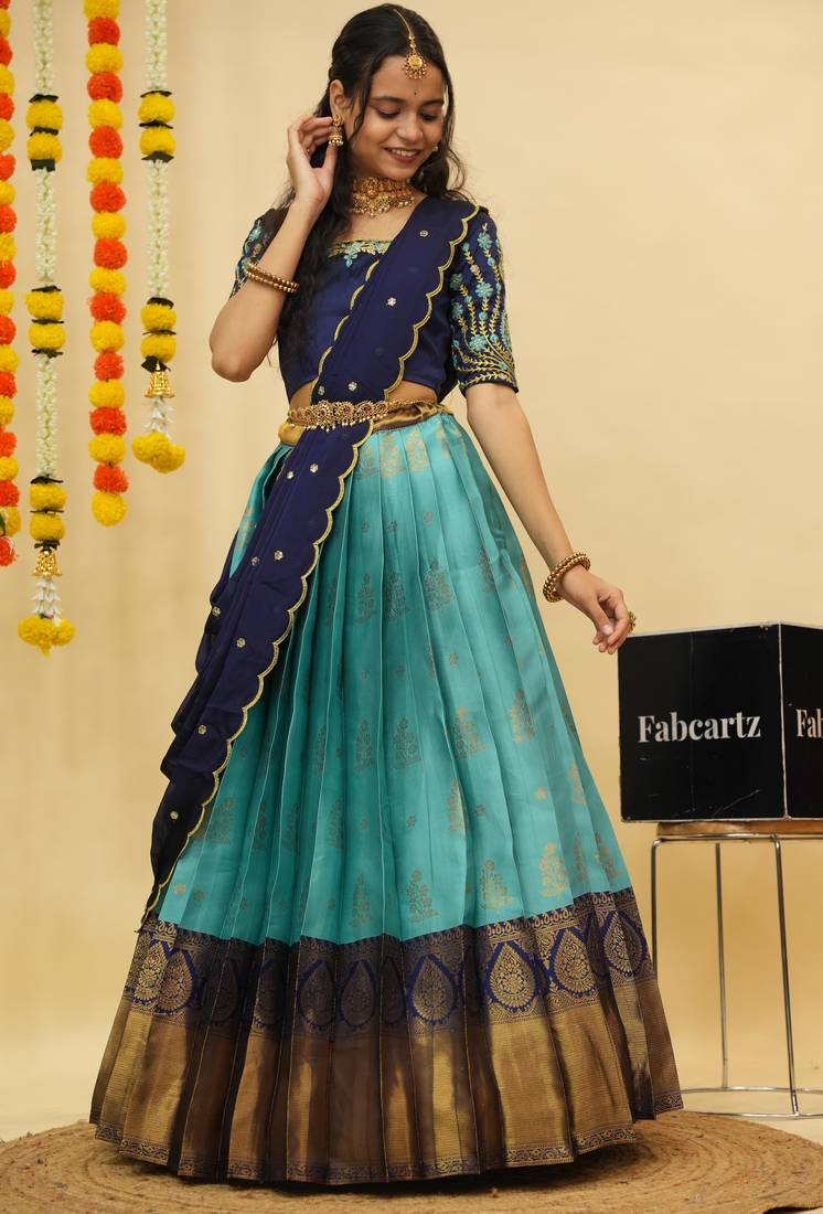 Beautiful South Indian Style Semi-Stitched Half Saree with Embroidered Blouse and Rangoli Dupatta for Women