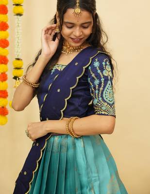 Beautiful South Indian Style Semi-Stitched Half Saree with Embroidered Blouse and Rangoli Dupatta for Women 2