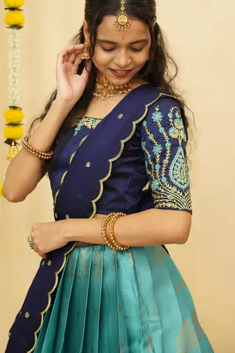 Beautiful South Indian Style Semi-Stitched Half Saree with Embroidered Blouse and Rangoli Dupatta for Women