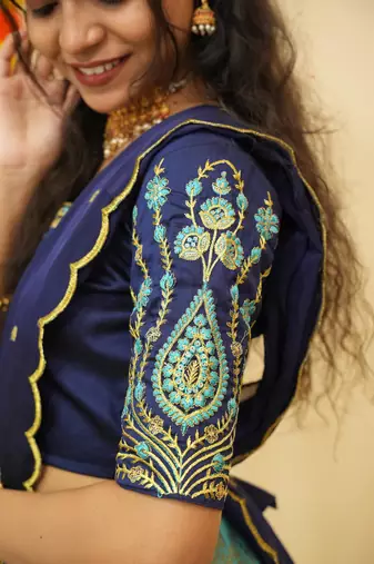 Beautiful South Indian Style Semi-Stitched Half Saree with Embroidered Blouse and Rangoli Dupatta for Women