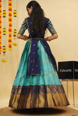 Beautiful South Indian Style Semi-Stitched Half Saree with Embroidered Blouse and Rangoli Dupatta for Women 4