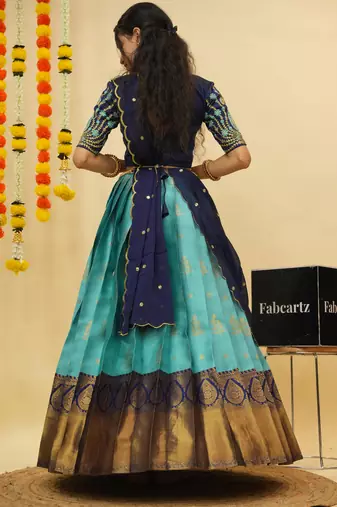 Beautiful South Indian Style Semi-Stitched Half Saree with Embroidered Blouse and Rangoli Dupatta for Women