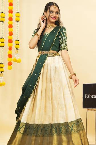 Beautiful South Indian Style Semi-Stitched Half Saree with Embroidered Blouse and Rangoli Dupatta for Women