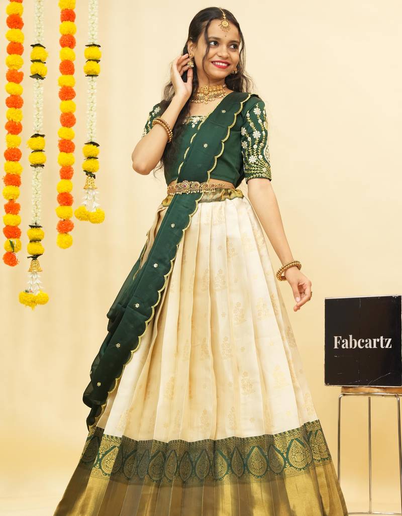 Beautiful South Indian Style Semi-Stitched Half Saree with Embroidered Blouse and Rangoli Dupatta for Women