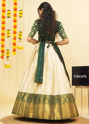 Beautiful South Indian Style Semi-Stitched Half Saree with Embroidered Blouse and Rangoli Dupatta for Women 3