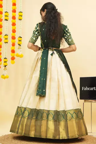 Beautiful South Indian Style Semi-Stitched Half Saree with Embroidered Blouse and Rangoli Dupatta for Women