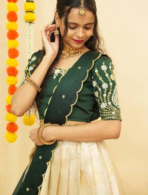 Beautiful South Indian Style Semi-Stitched Half Saree with Embroidered Blouse and Rangoli Dupatta for Women 4