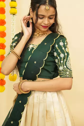 Beautiful South Indian Style Semi-Stitched Half Saree with Embroidered Blouse and Rangoli Dupatta for Women