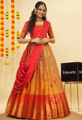 Beautiful South Indian Style Semi-Stitched Half Saree with Embroidered Blouse and Rangoli Dupatta for Women 1