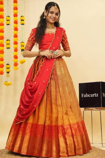 Beautiful South Indian Style Semi-Stitched Half Saree with Embroidered Blouse and Rangoli Dupatta for Women