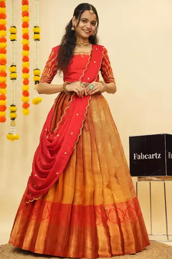 Beautiful South Indian Style Semi-Stitched Half Saree with Embroidered Blouse and Rangoli Dupatta for Women