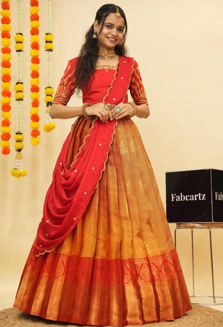 Beautiful South Indian Style Semi-Stitched Half Saree with Embroidered Blouse and Rangoli Dupatta for Women