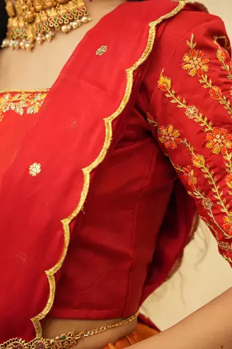 Beautiful South Indian Style Semi-Stitched Half Saree with Embroidered Blouse and Rangoli Dupatta for Women