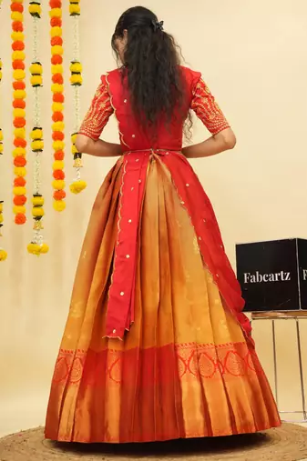 Beautiful South Indian Style Semi-Stitched Half Saree with Embroidered Blouse and Rangoli Dupatta for Women