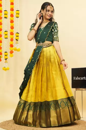 Beautiful South Indian Style Semi-Stitched Half Saree with Embroidered Blouse and Rangoli Dupatta for Women