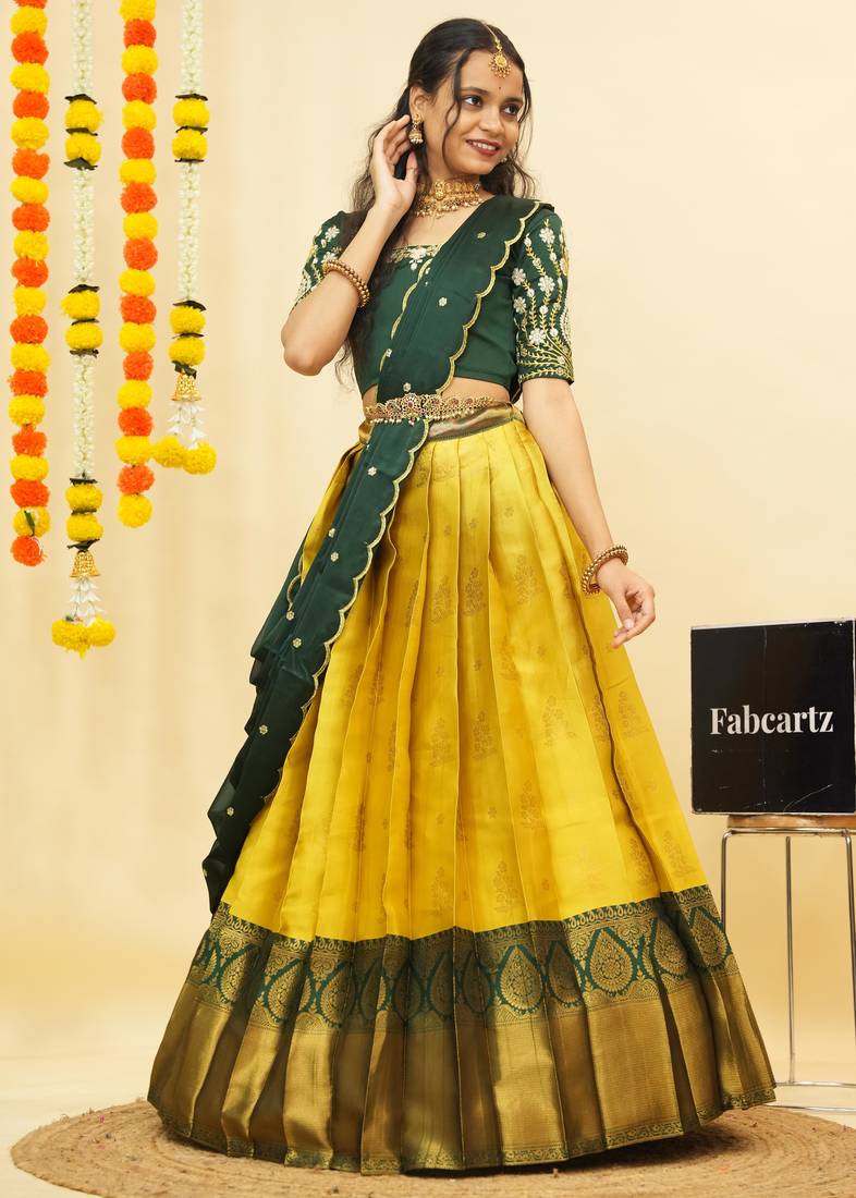 Beautiful South Indian Style Semi-Stitched Half Saree with Embroidered Blouse and Rangoli Dupatta for Women